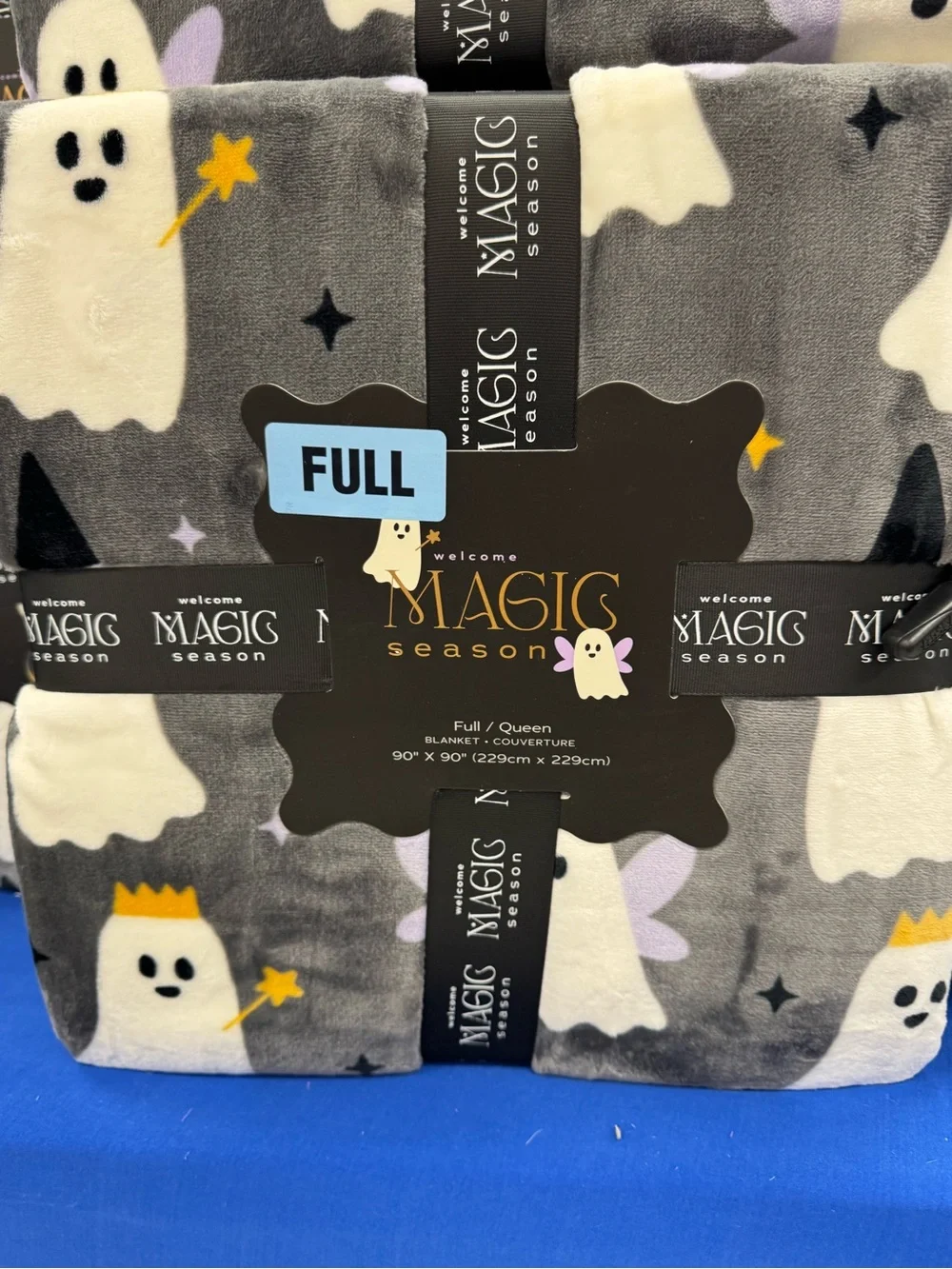 Magic Gray Plush queen blanket with Ghosts, Yellow Crowns and Star Accents